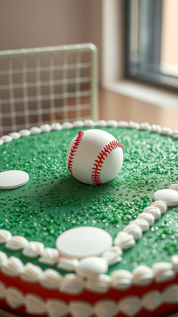 A birthday cake designed like a softball field with a baseball on top.