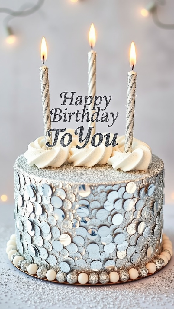 A silver sequin birthday cake with candles and a 'Happy Birthday to You' sign.