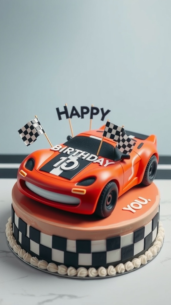 A bright orange race car cake with checkered flags and birthday text.