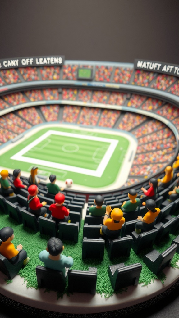 A cake designed to resemble a football stadium with edible fans in the seating area.