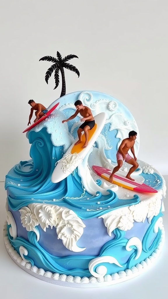 A colorful birthday cake designed with surfboards and waves, depicting a surfing competition theme.