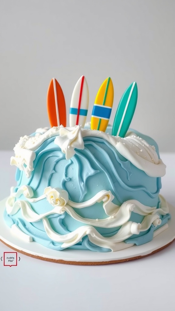A cake decorated to look like ocean waves with colorful surfboards on top.