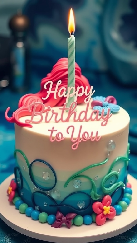 A beautifully decorated mermaid-themed birthday cake with colorful frosting, playful designs, and a lit candle.