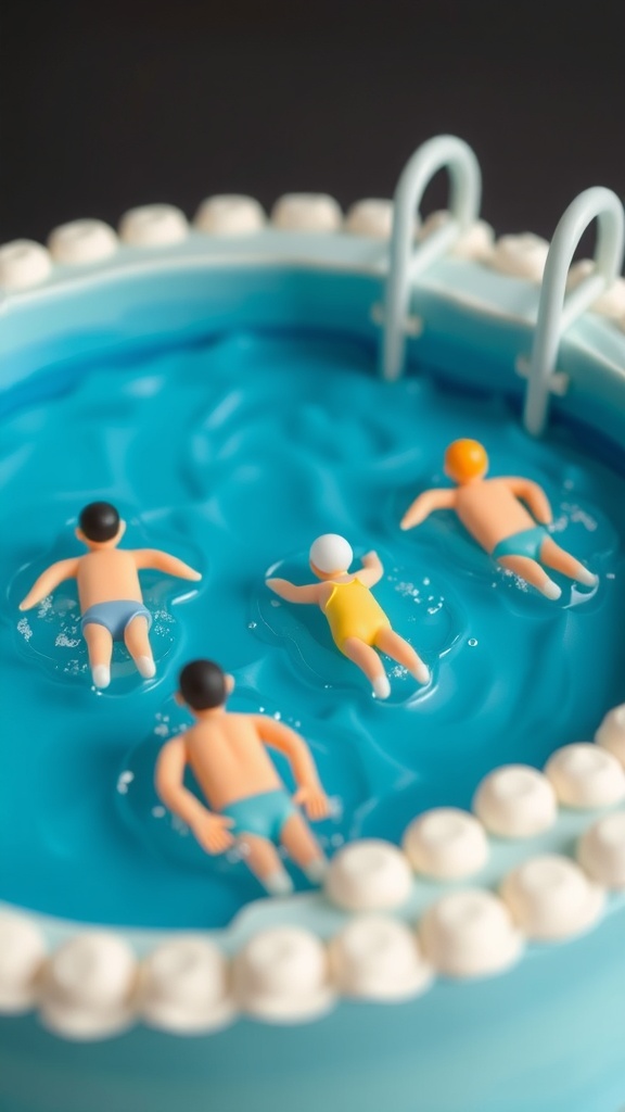 A colorful swimming pool cake decorated with miniature swimmers and white frosting