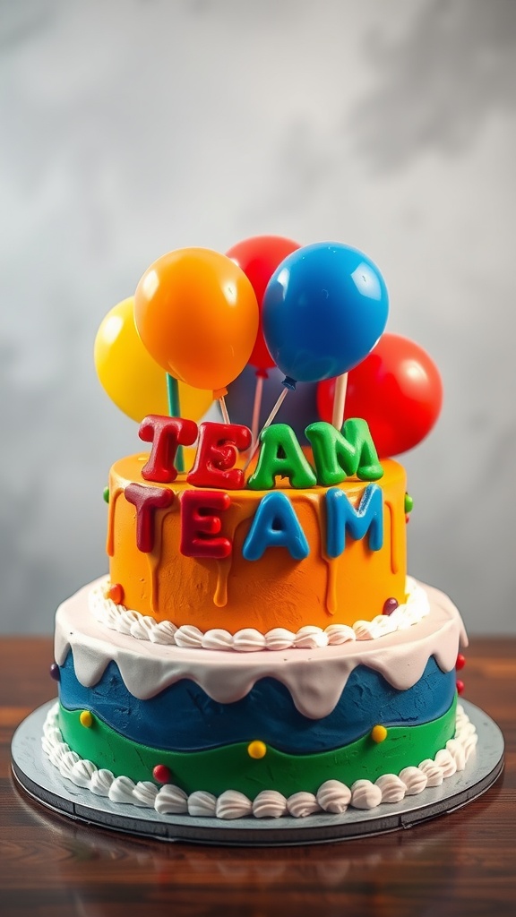 A colorful football-themed birthday cake with the word 'TEAM' on it and balloons on top.