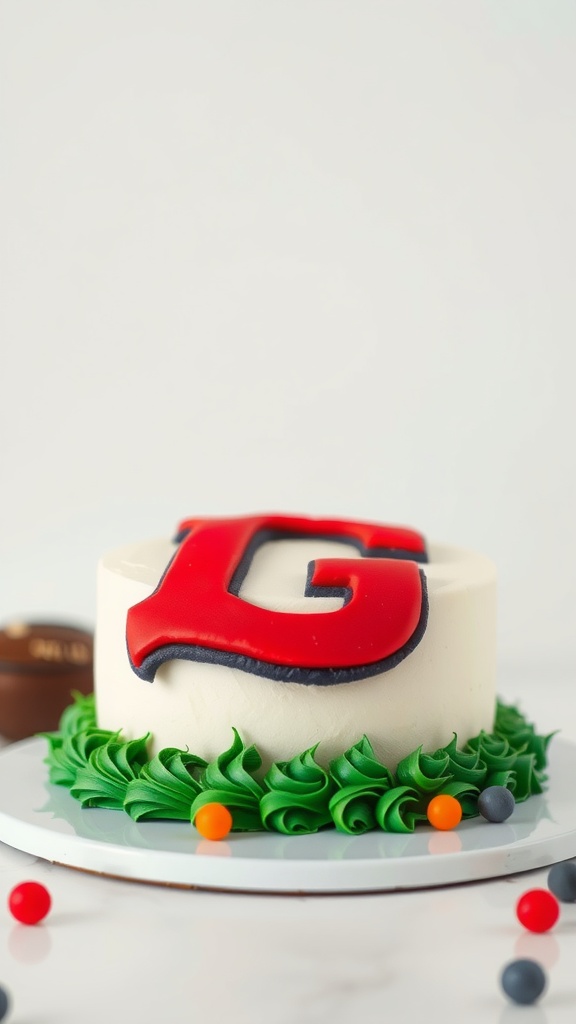 A football-themed birthday cake featuring a team logo made of fondant with green icing details.