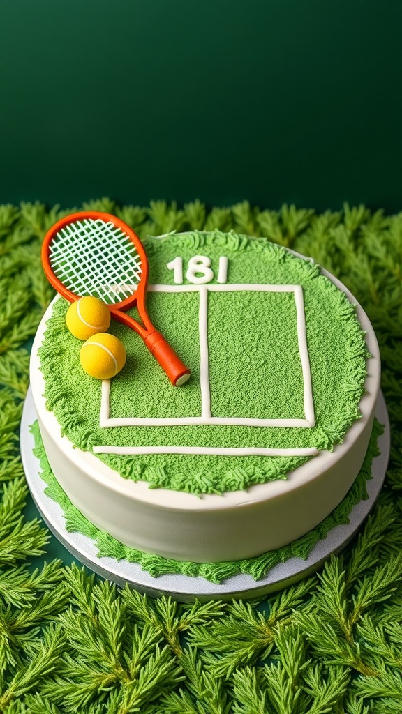 A tennis court themed birthday cake decorated with green frosting, a racket, and tennis balls.