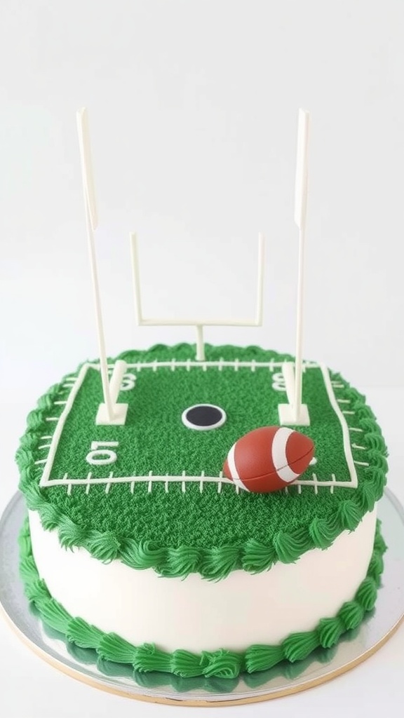Football themed birthday cake with green frosting and goalposts