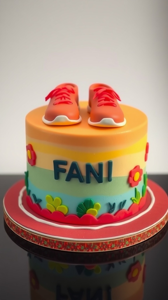 A vibrant birthday cake decorated with running shoes and flowers, perfect for an athlete.