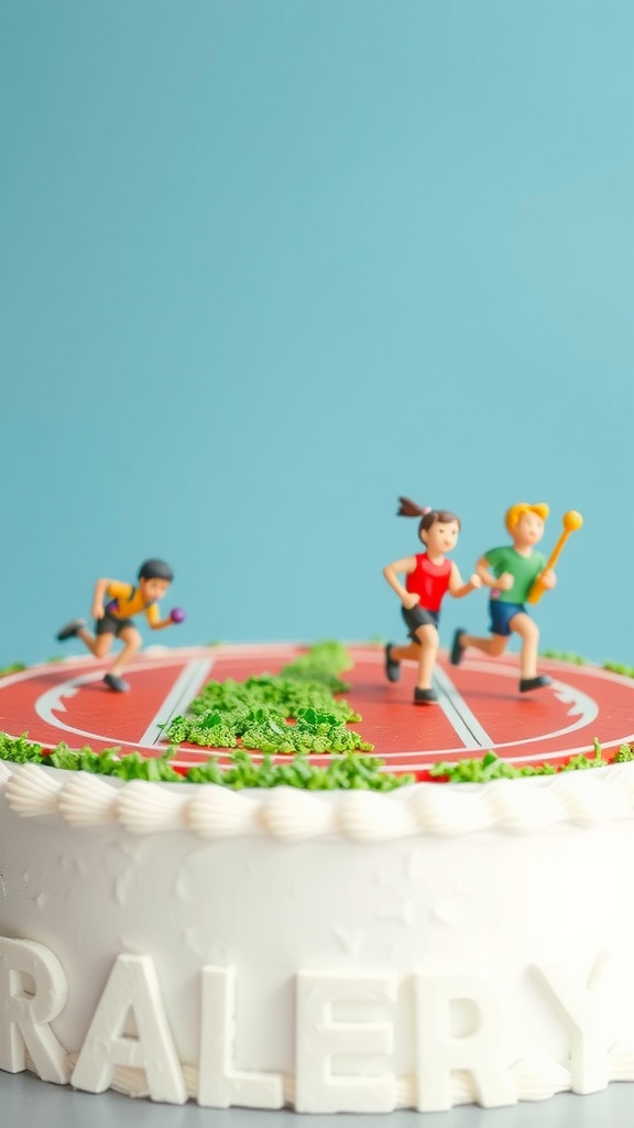A cake decorated with a track and relay runners, featuring colorful figures representing athletes.