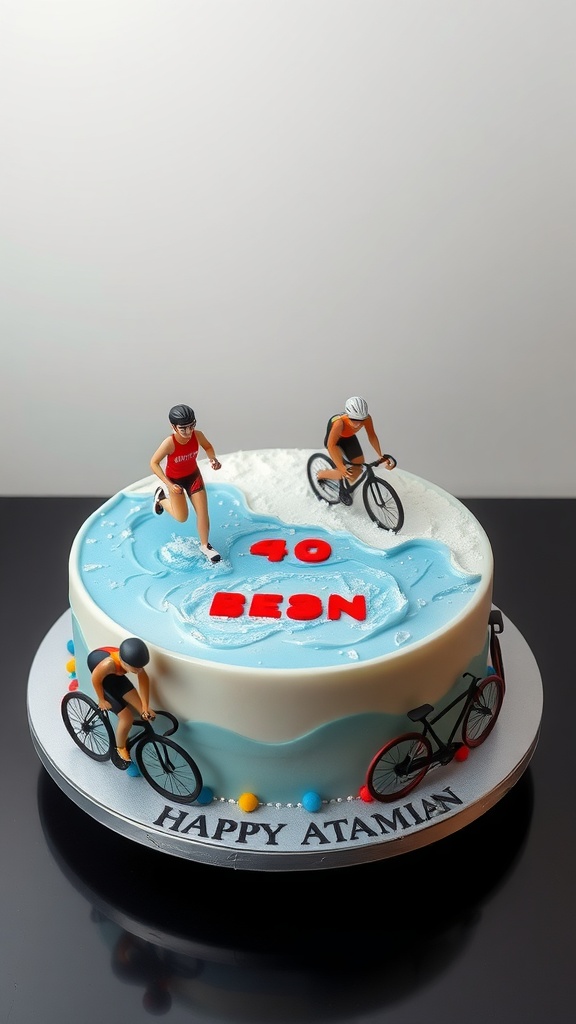 A triathlon-themed birthday cake featuring runners and bicycles on top.