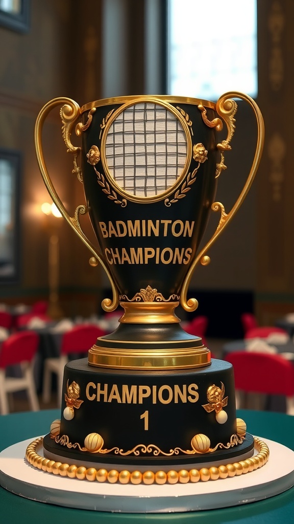 A decorative trophy cake designed for badminton champions, featuring gold accents and a black base.