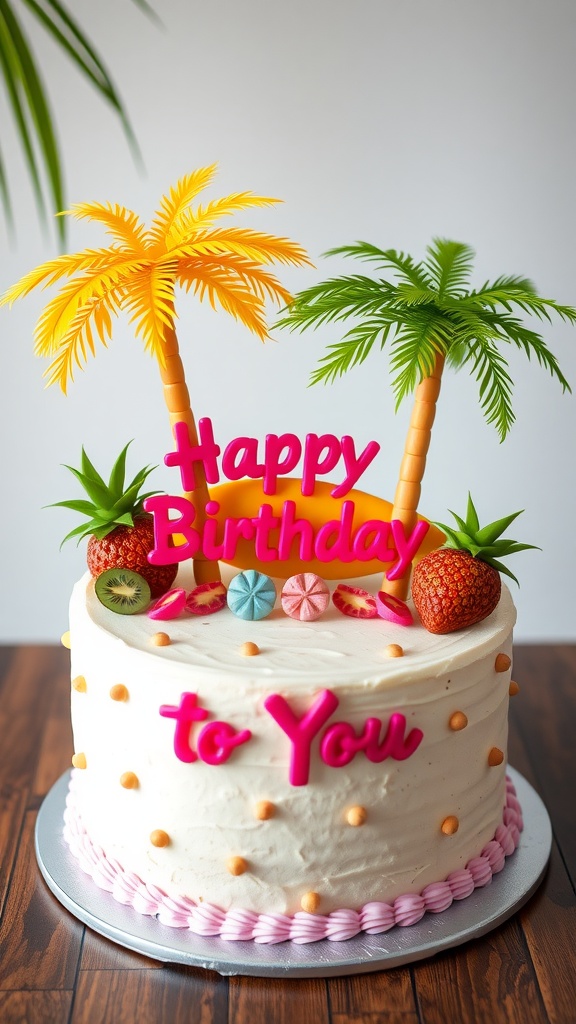 A tropical themed birthday cake with palm trees and colorful fruit decorations.