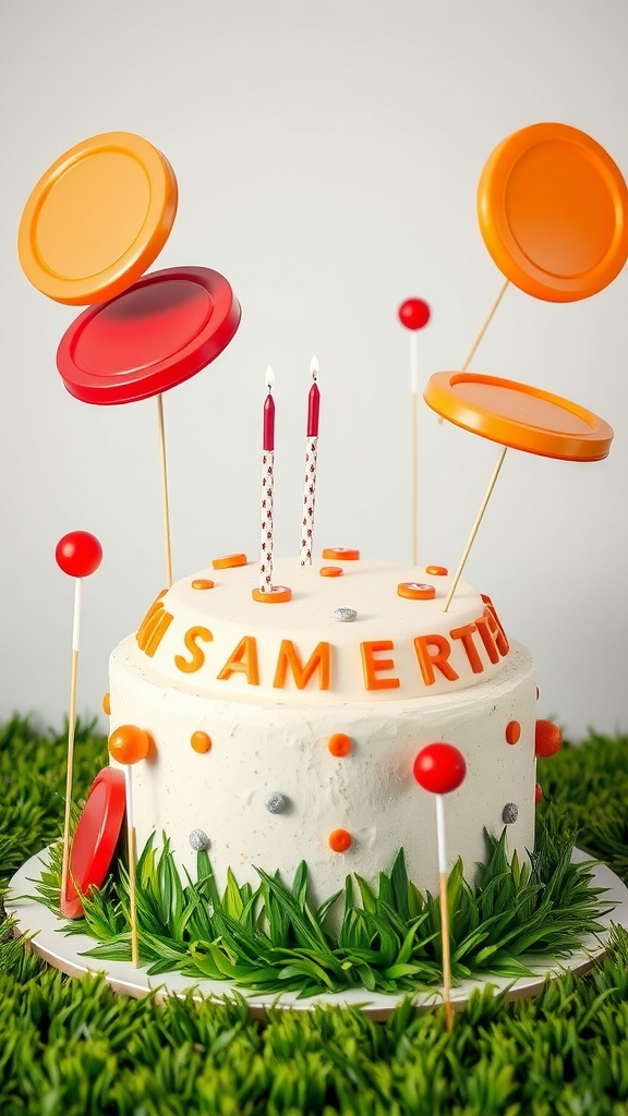 A birthday cake decorated with flying discs and colorful details, themed around Ultimate Frisbee.