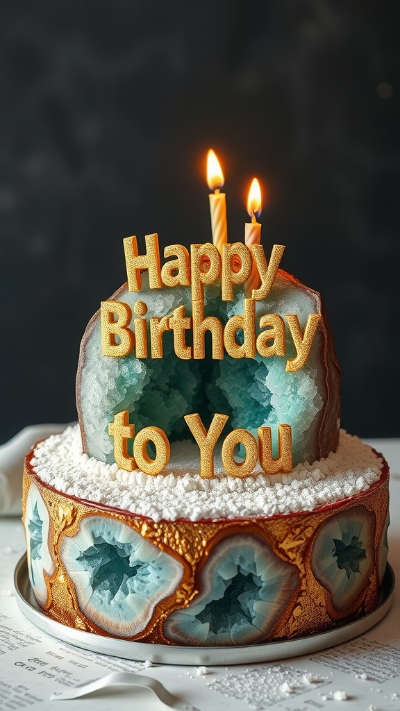 A unique geode-themed birthday cake with the text 'Happy Birthday to You' and candles on top.