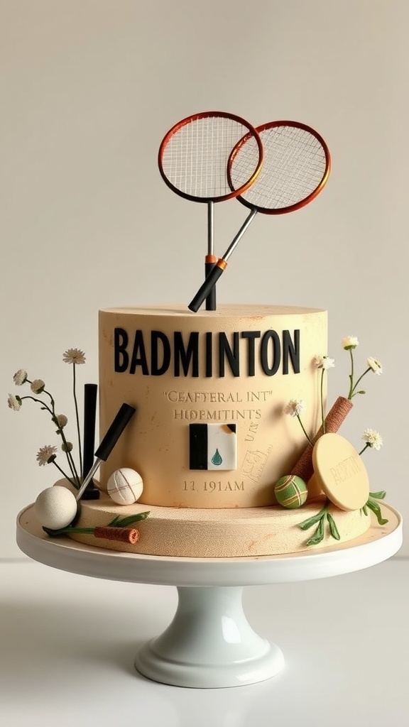 A vintage badminton-themed cake with rackets, shuttlecocks, and floral decorations.
