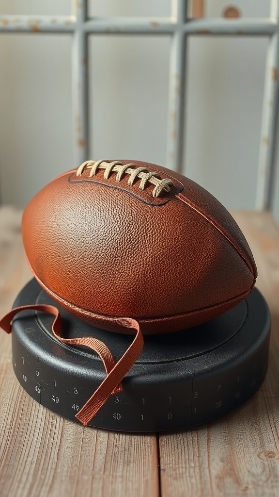 A beautifully crafted vintage football cake with a leather texture, resembling a real football.