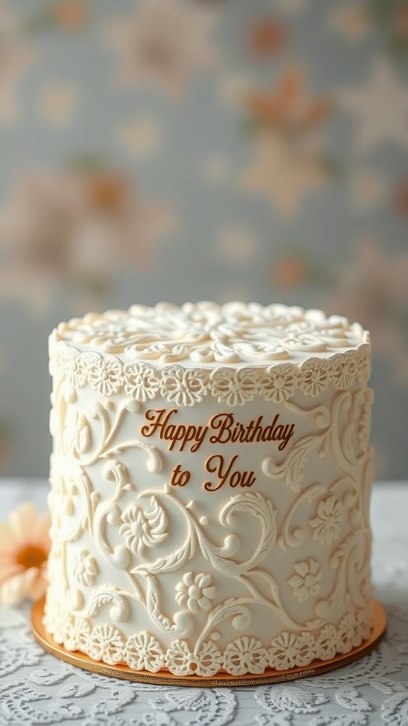 A vintage lace fondant cake with a message that says 'Happy Birthday to You.'