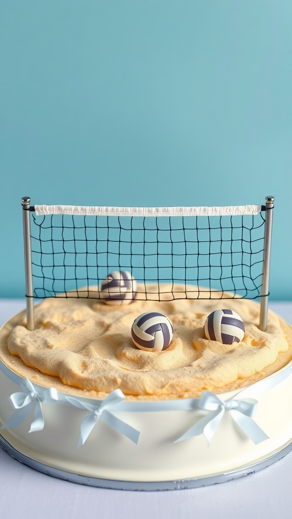 A volleyball court-themed birthday cake with nets and volleyballs.