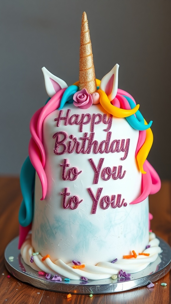 A whimsical unicorn birthday cake with colorful mane and a golden horn, featuring the words 'Happy Birthday to You.'
